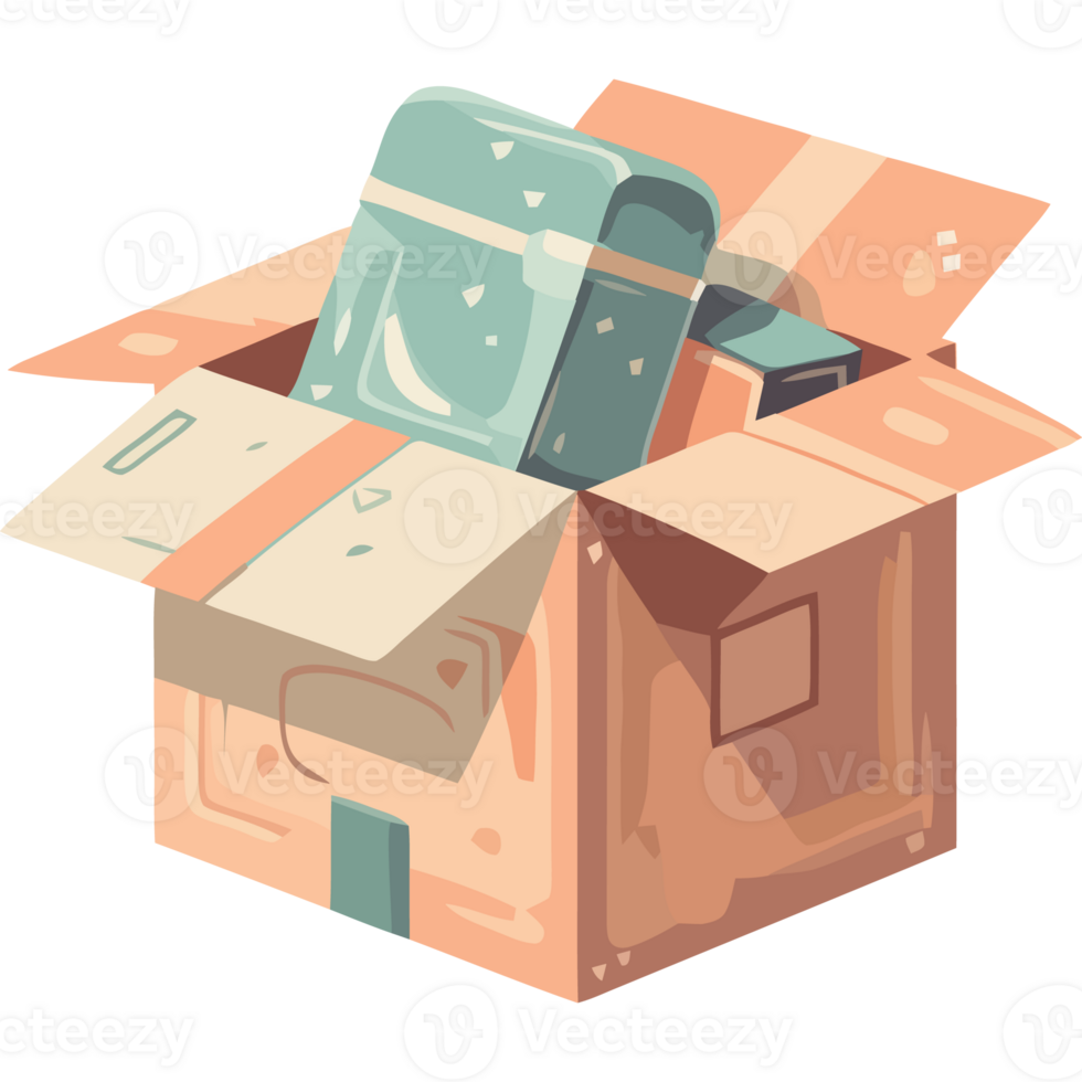 An open box with a suitcase inside png