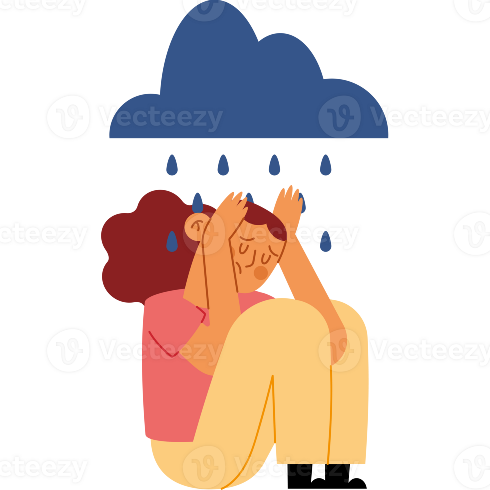 A woman sitting under a rain cloud with her hands on her head png