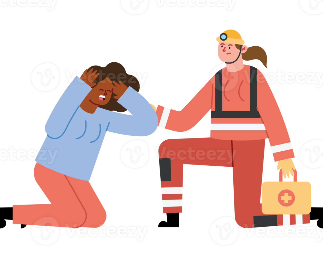 An illustration of a woman in a red shirt and pants kneeling down next to a man in a png