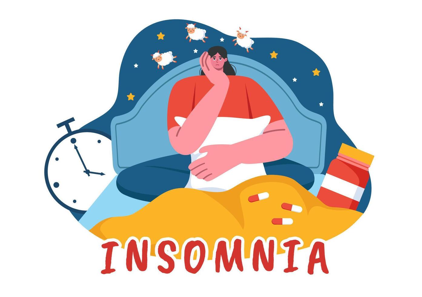 Sleepless Nights Illustration Featuring Young People Tossing and Turning in Bed with Open Eyes and Thoughts Racing in a Flat Cartoon Style vector