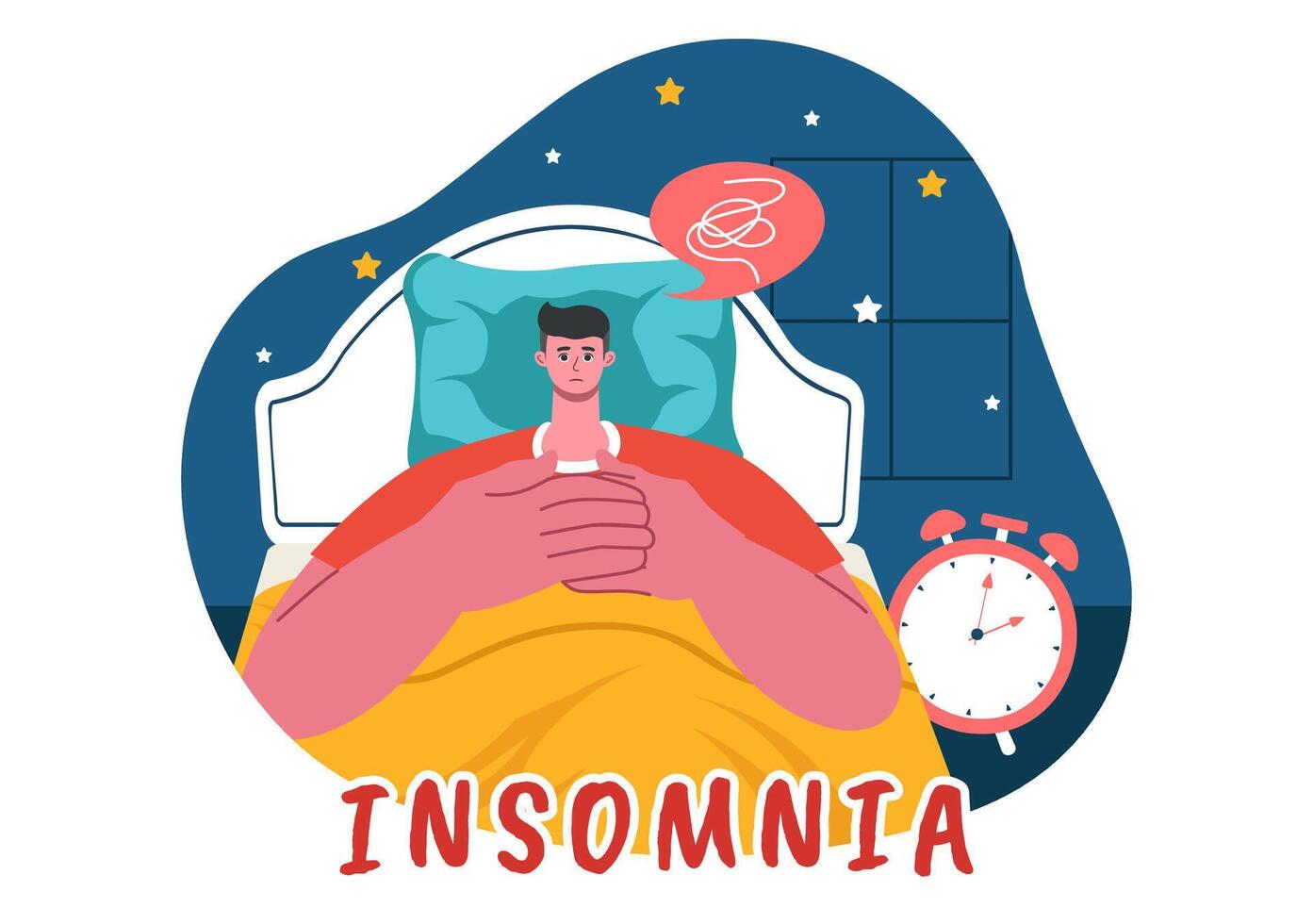 Young People Awake at Night Illustration Featuring Insomnia, Lying in Bed with Thoughts Racing and Eyes Open in a Flat Cartoon Bedroom vector