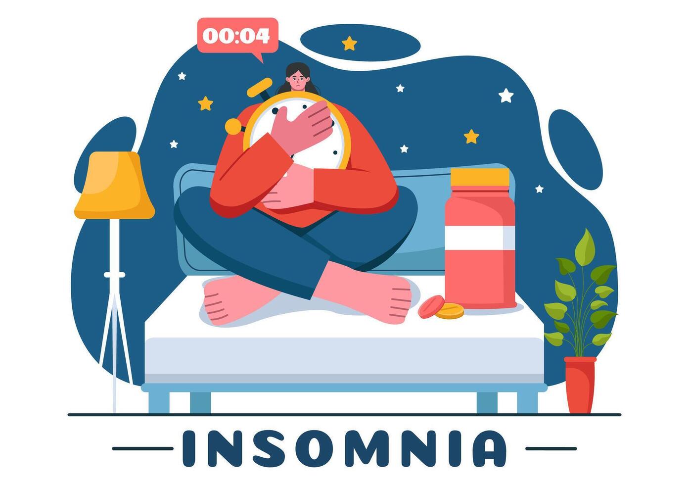 Insomnia Illustration of Young Adults Unable to Sleep, Lying Awake with Open Eyes and Contemplative Expressions in a Bedroom Scene vector