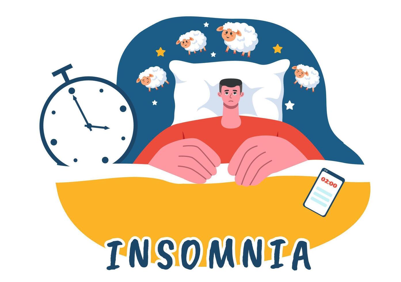 Sleeplessness Illustration of Young Individuals Restlessly Lying Awake with Open Eyes and Thoughts in a Cozy Bedroom at Night in Flat Style vector