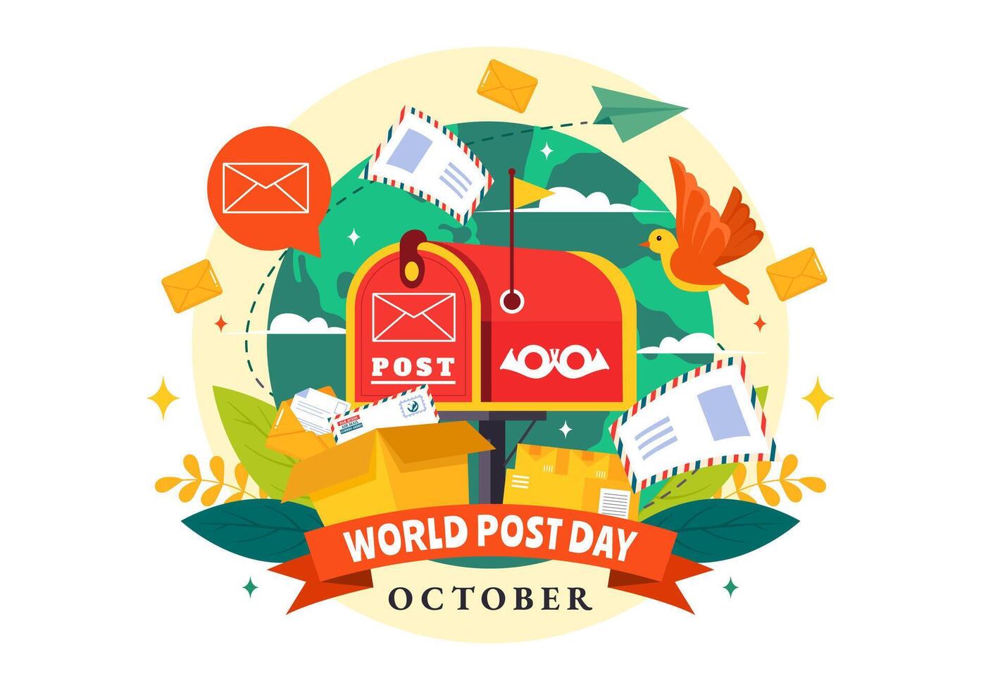 Illustration of World Post Day on October 9 with Red Mailbox Accepting Letters in Flat Style vector