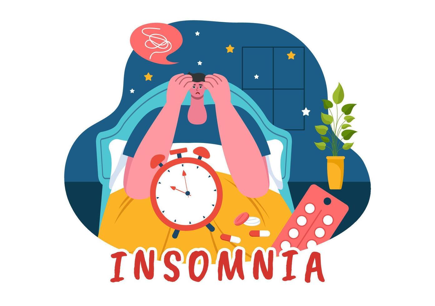 Illustration of Restless Youth at Night, Unable to Sleep, Lying in Bed with Open Eyes and Racing Thoughts in a Flat Cartoon Bedroom vector
