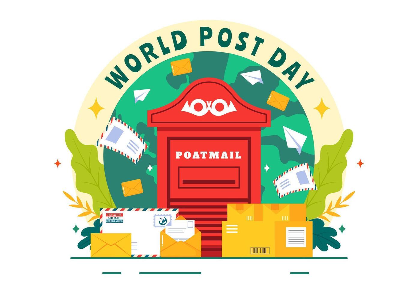 Red Mailbox and Parcels Illustration for World Post Day on October 9 in a Flat Cartoon Background vector