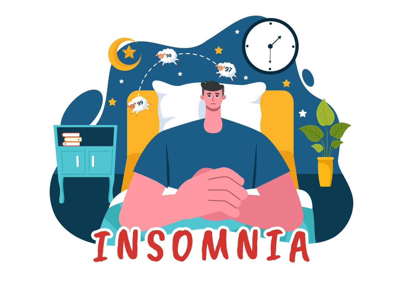Insomnia Art Showcasing Young Adults Awake at Night, Contemplating Life While Lying in Bed in a Flat Cartoon Bedroom Scene vector