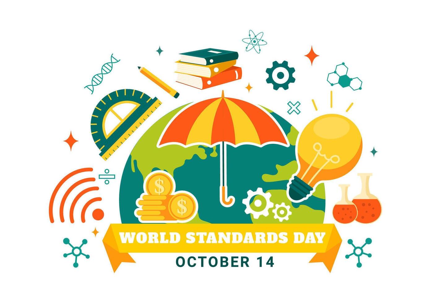 World Standards Day Featuring Globe, Stopwatch, and Measurement Symbols in Flat Style vector