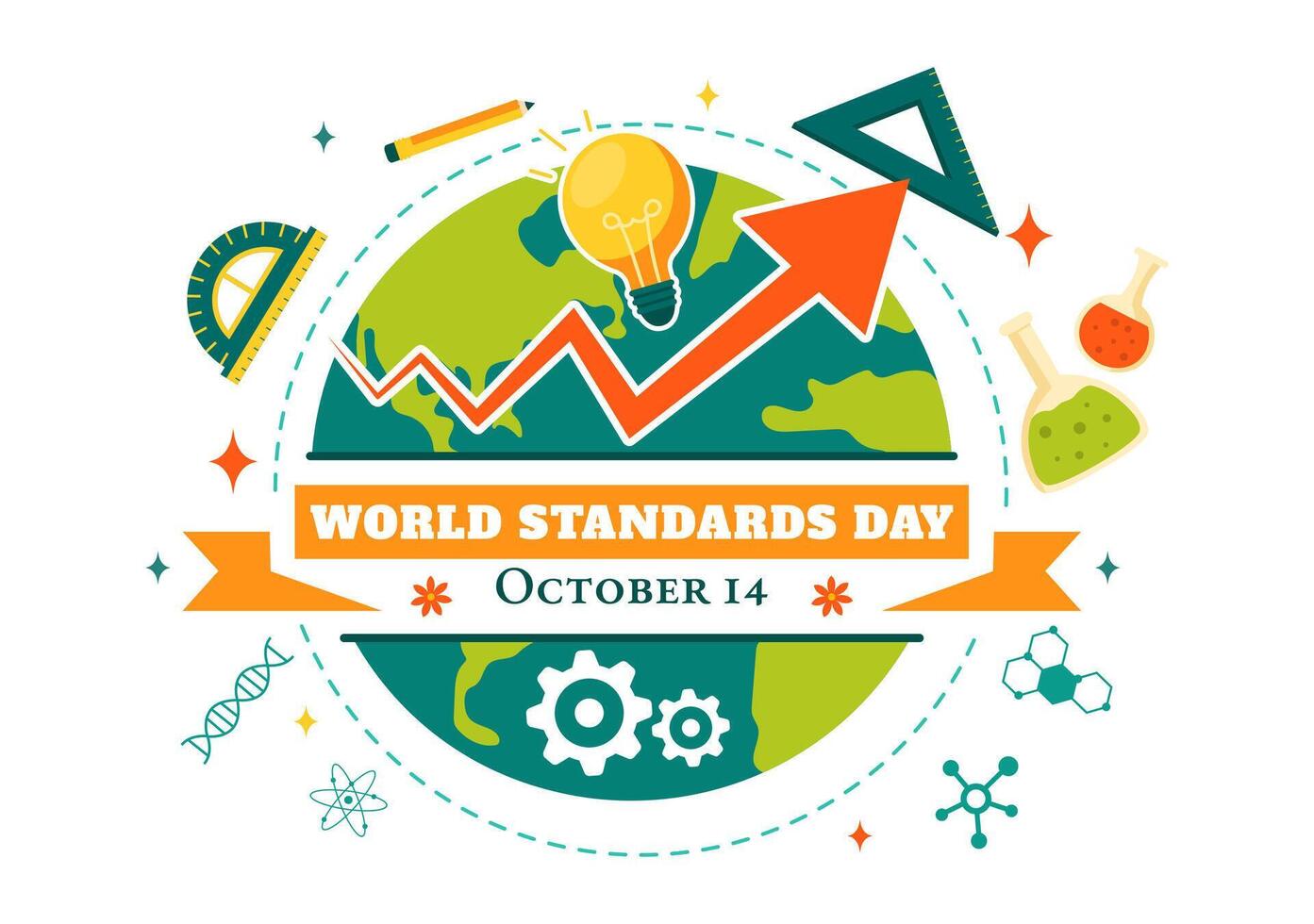Flat Style for World Standards Day with Globe, Measurement Tools, and Quality Board vector