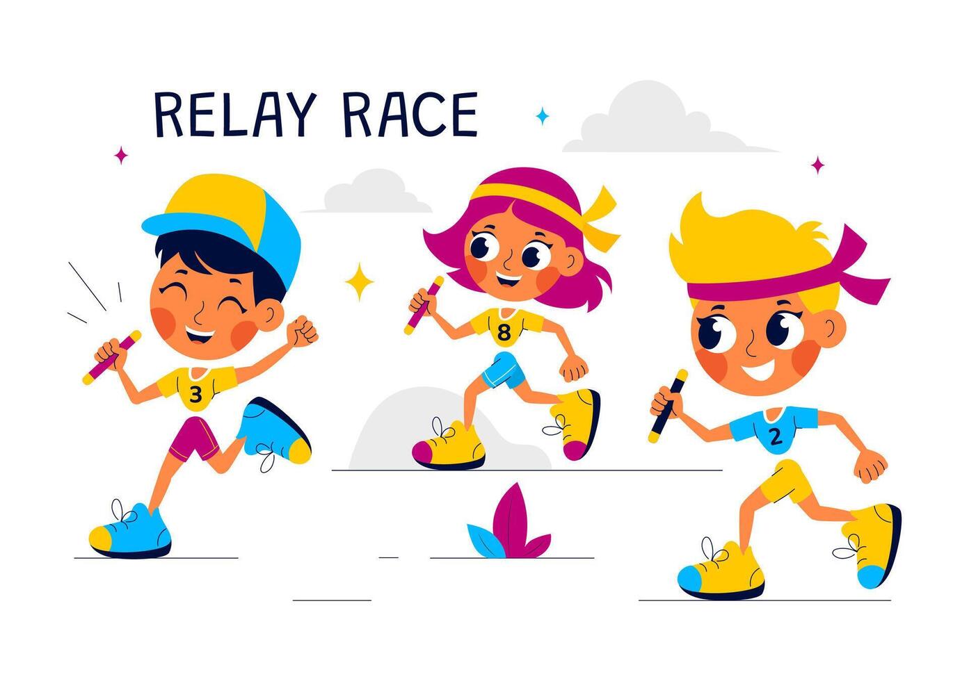 Relay Race Art Featuring Athletes Passing the Baton in a Team Sports Event with a Flat Cartoon Background vector