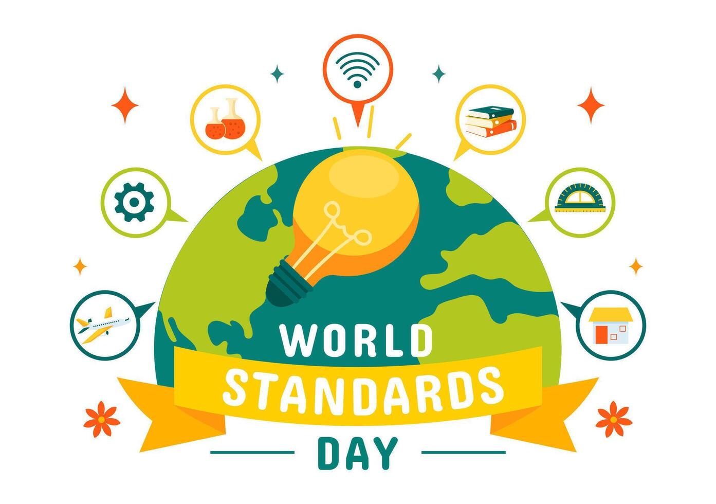 October 14th Global Standards Day Illustration with Globe, Stopwatch, and Quality Symbols vector