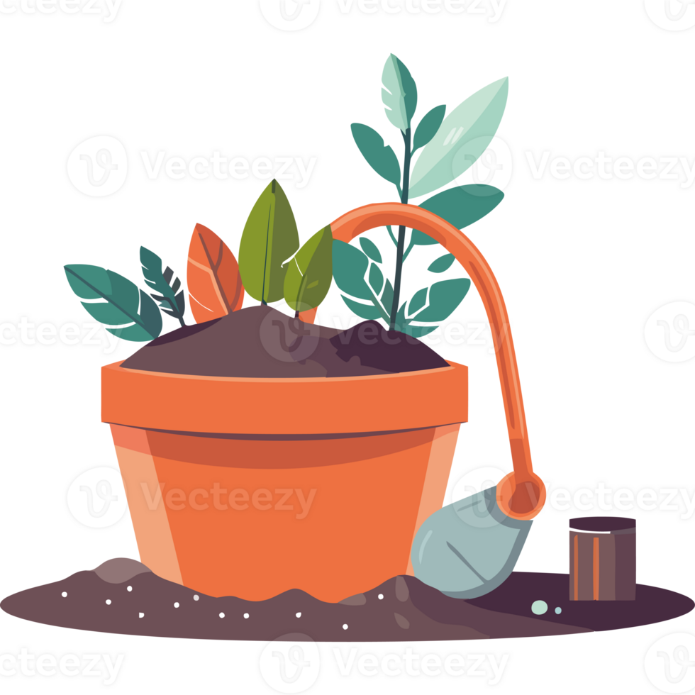 Gardening tools and plants in a pot png
