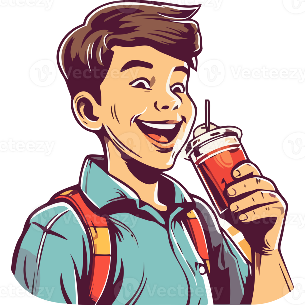 A cartoon boy holding a drink and smiling png