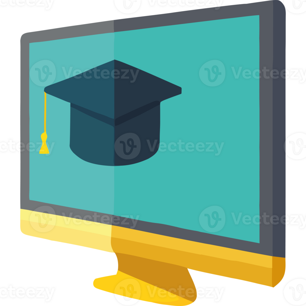 A computer monitor with a graduation cap on it png
