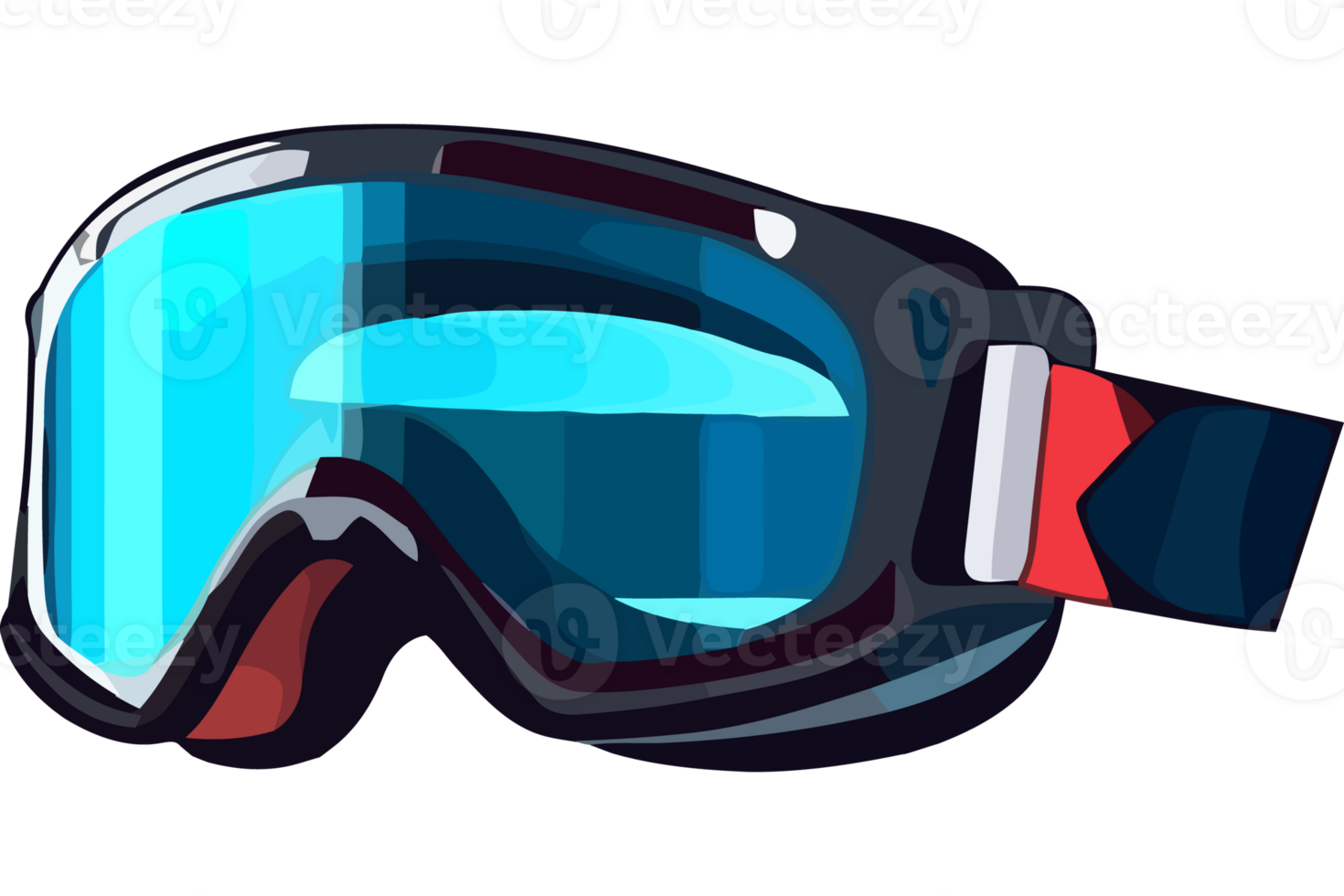 A pair of goggles with a black strap and blue lens png