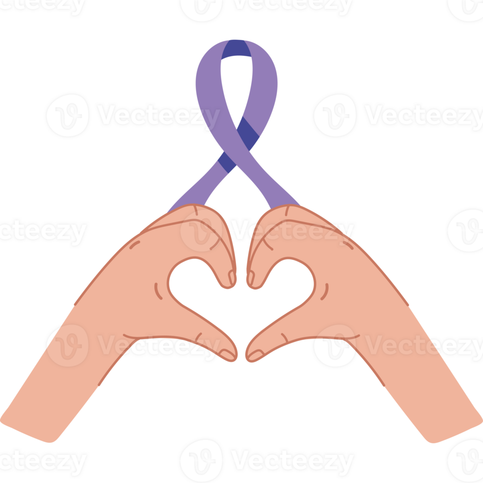 Two hands making a heart shape with a purple ribbon png