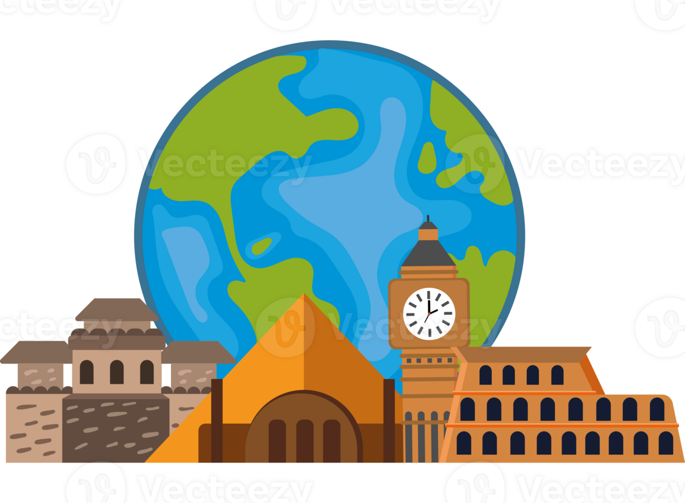 The world is shown with buildings and a clock tower png