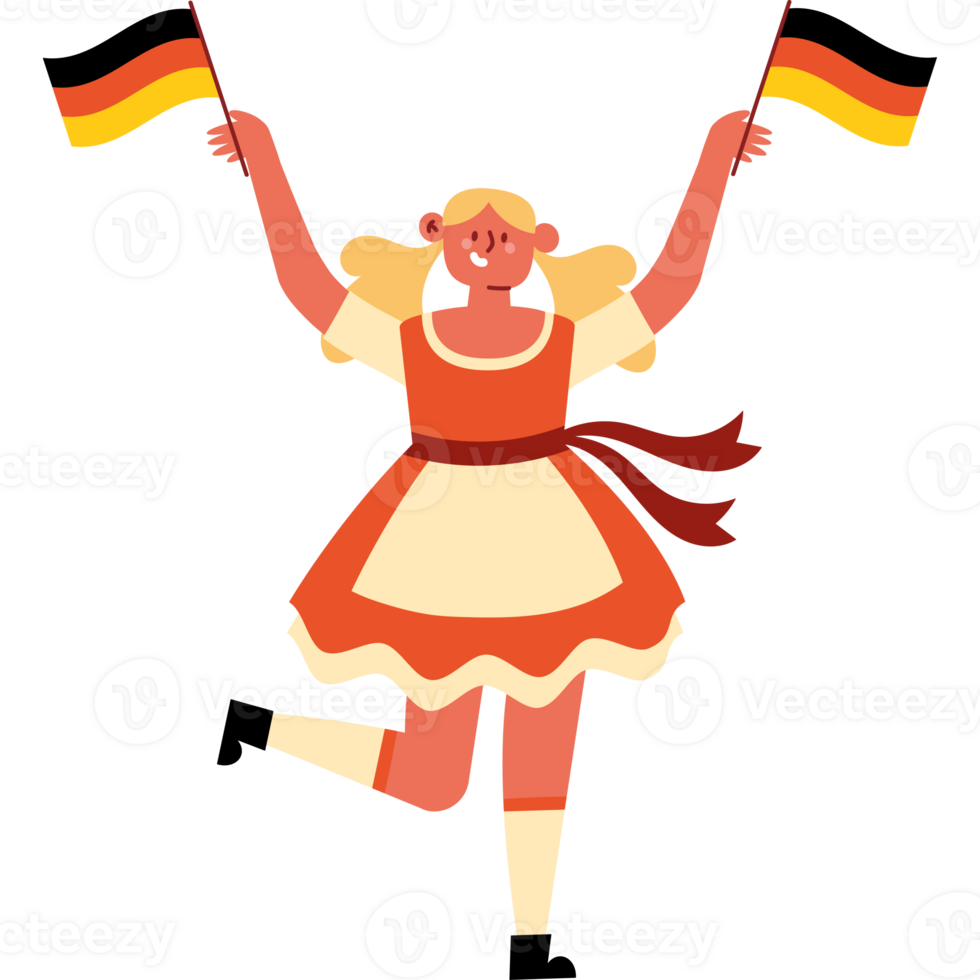 A girl in an orange dress holding two german flags png