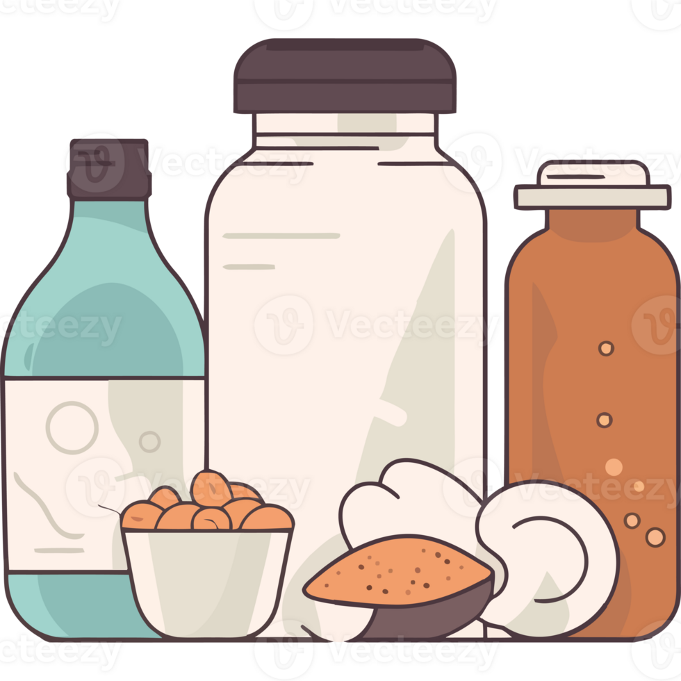 A bottle of milk, a jar of peanut butter, and a bottle of almond milk png