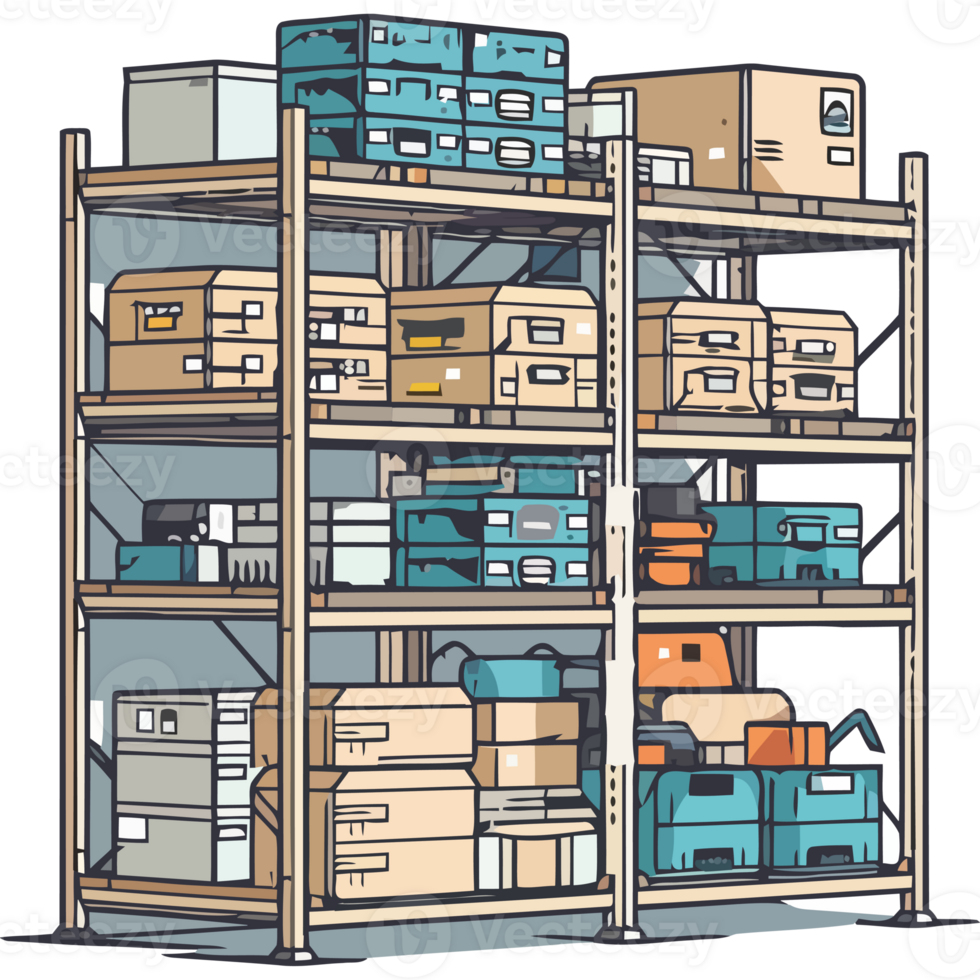 A warehouse with boxes and shelves png