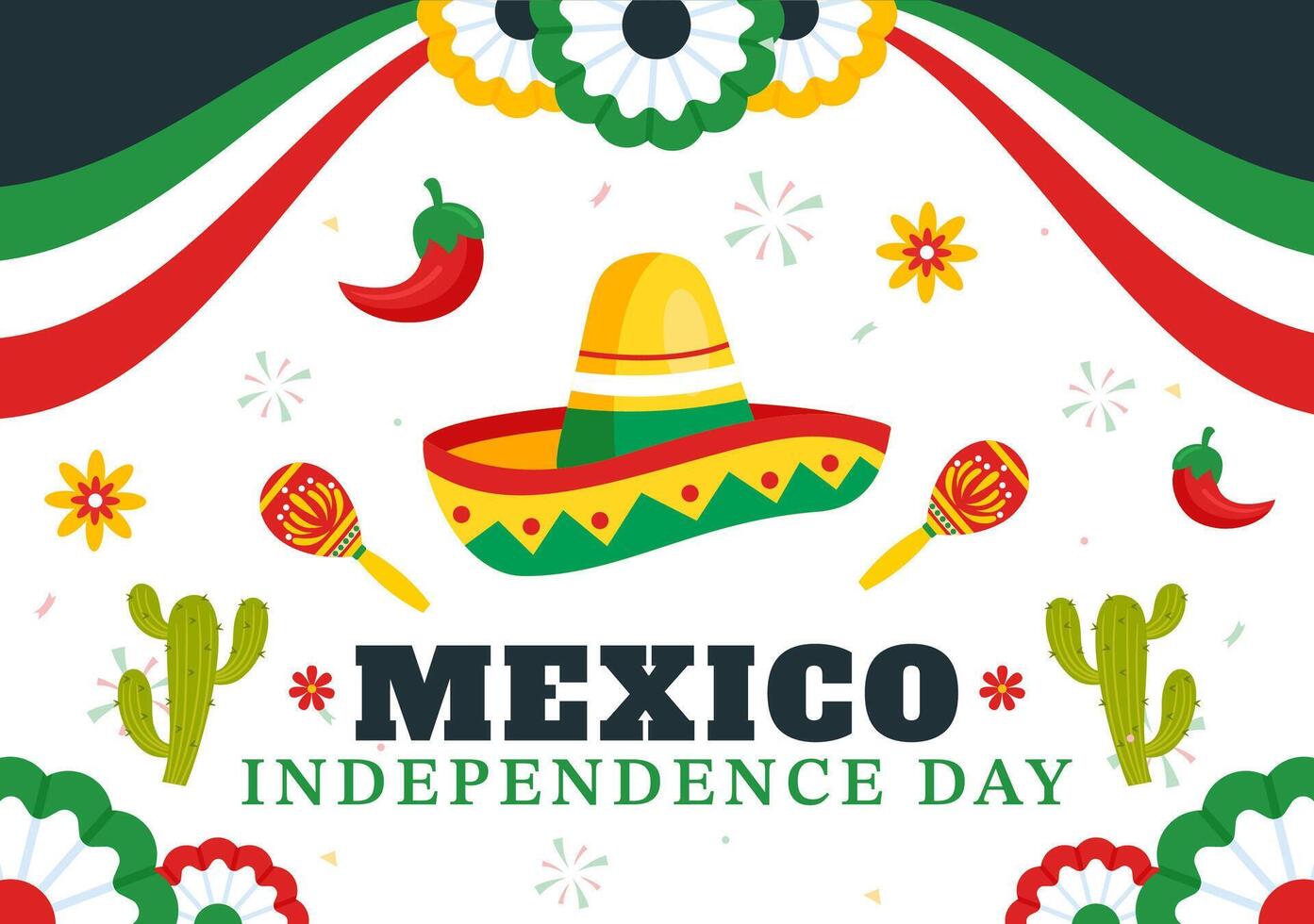 Flat Style Art of Mexico Independence Day on September 16, Featuring a Waving Flag in a Cartoon Background vector