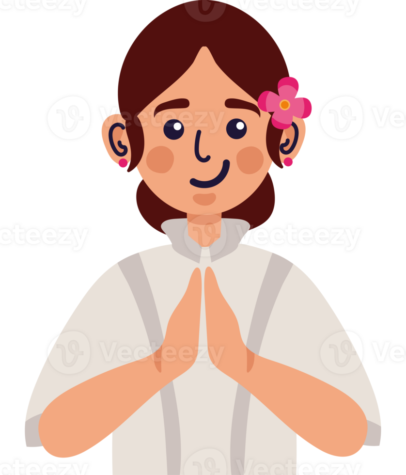 A woman in a white shirt and pink flower in her hair png