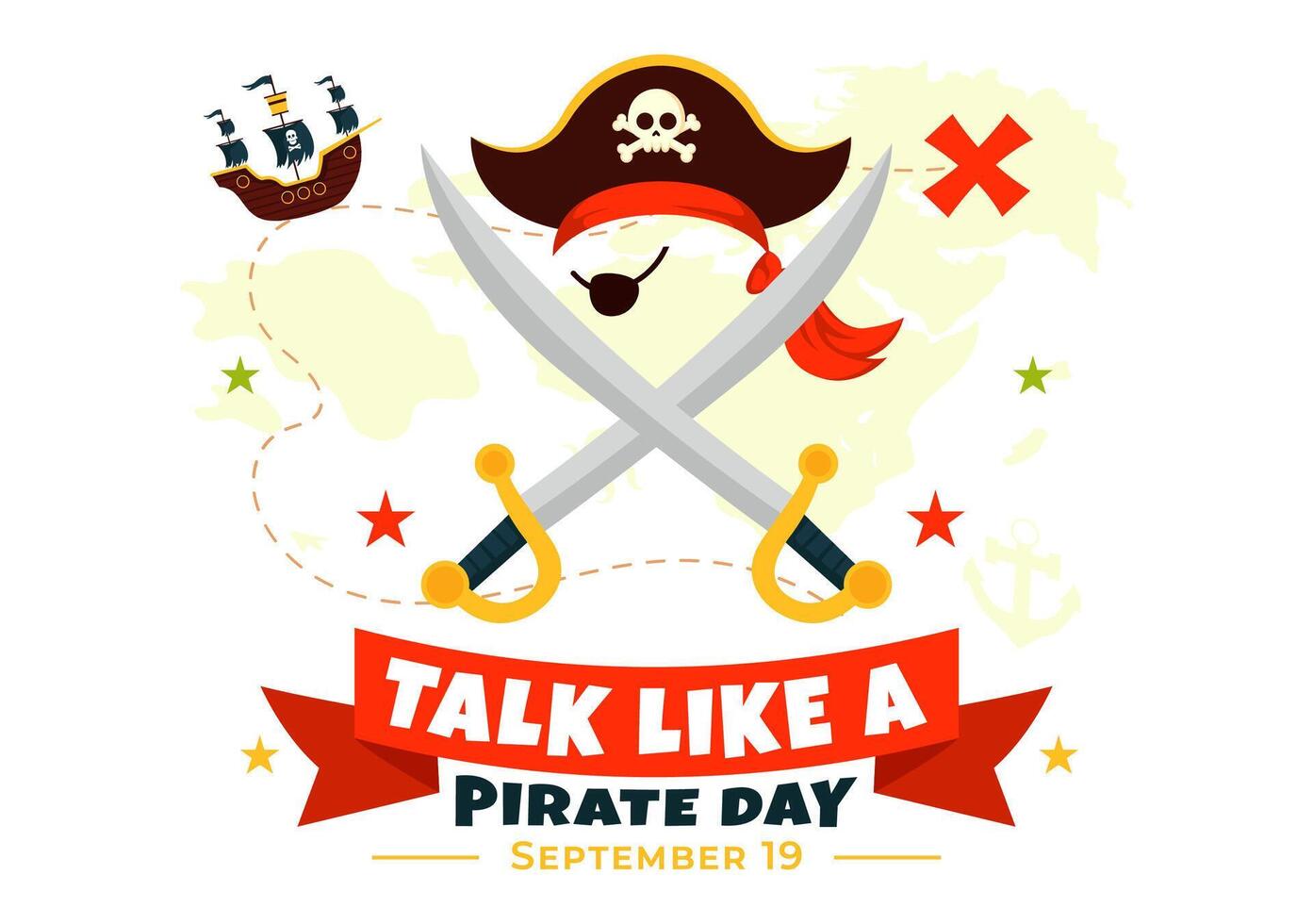 Illustration for International Talk Like a Pirate Day with Cheerful Pirate Characters and Engaging Decorative Elements in a Flat Cartoon Style vector