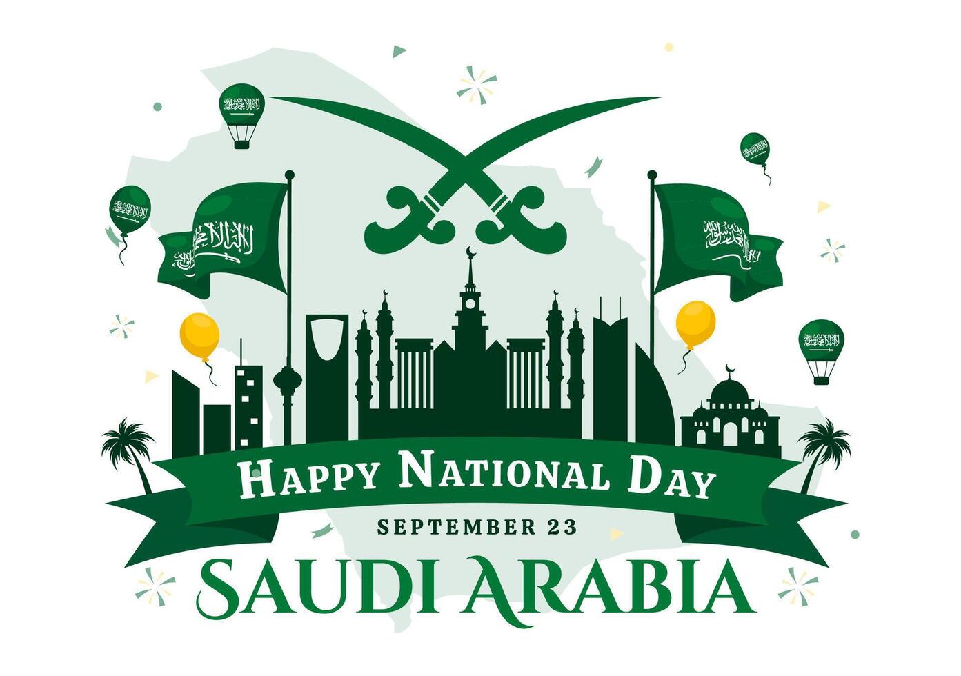 Celebrating Saudi Arabia's National Day on 23rd September with the Flag and Urban Landscape in Flat Style vector
