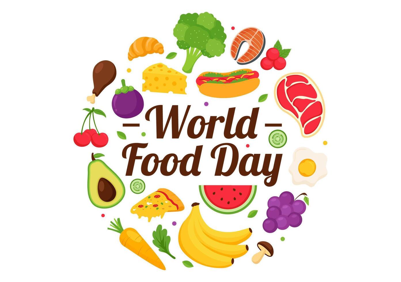 October 16 World Food Day Illustration Showcasing a Variety of Healthy Foods, Fruits, and Vegetables in a Cheerful Cartoon Background vector