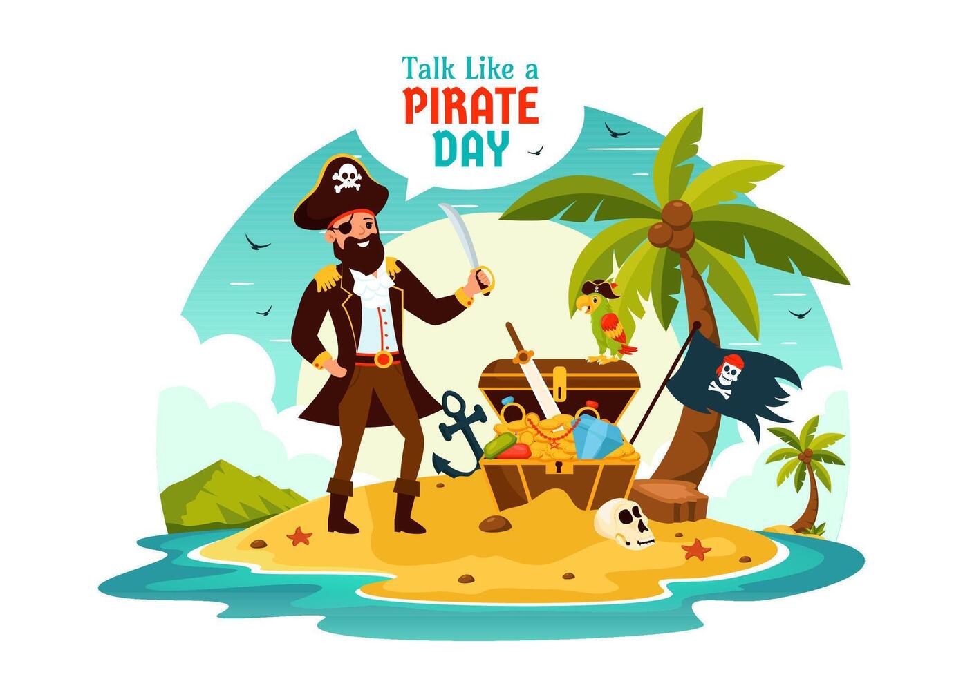 International Talk Like a Pirate Day Art Featuring Fun Pirate Characters and Themed Decorative Elements in a Cartoonish Background vector