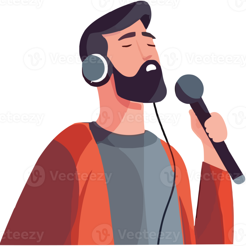 A man with a beard and headphones is singing into a microphone png