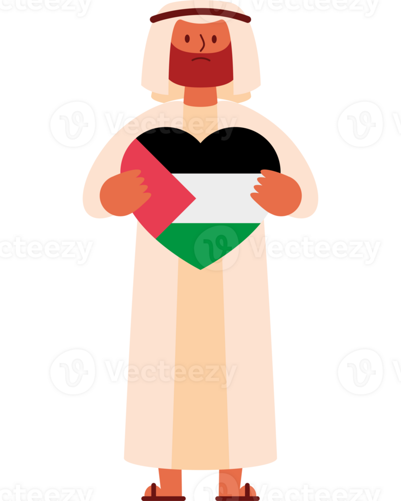 A cartoon man holding a heart with the flag of palestine png