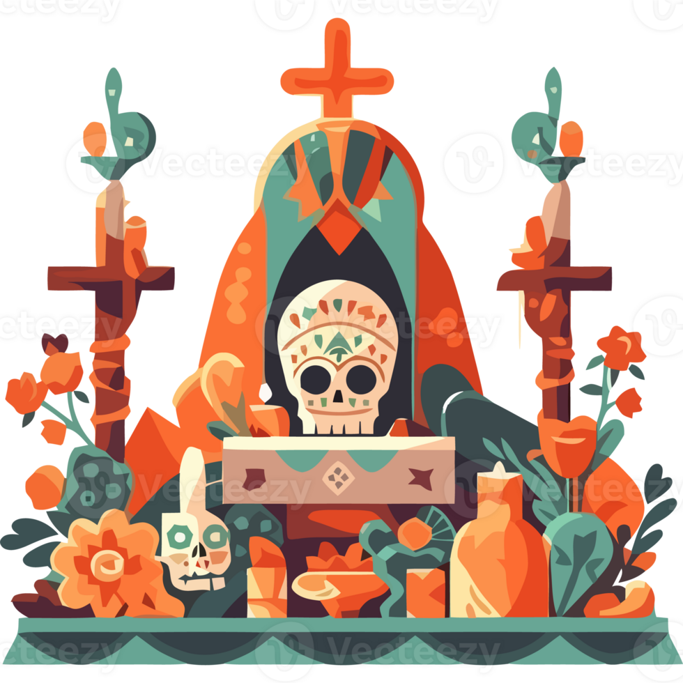Illustration of a mexican altar with skulls and flowers png