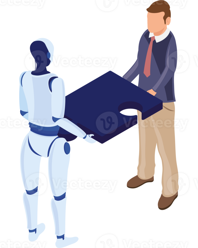 A robot holding a piece of paper with a man standing next to it png