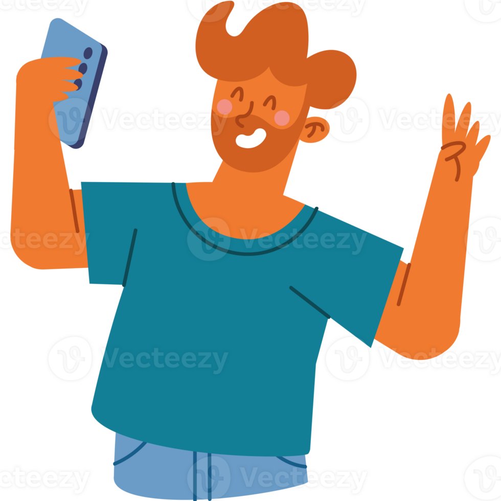 A man holding up his phone and smiling png