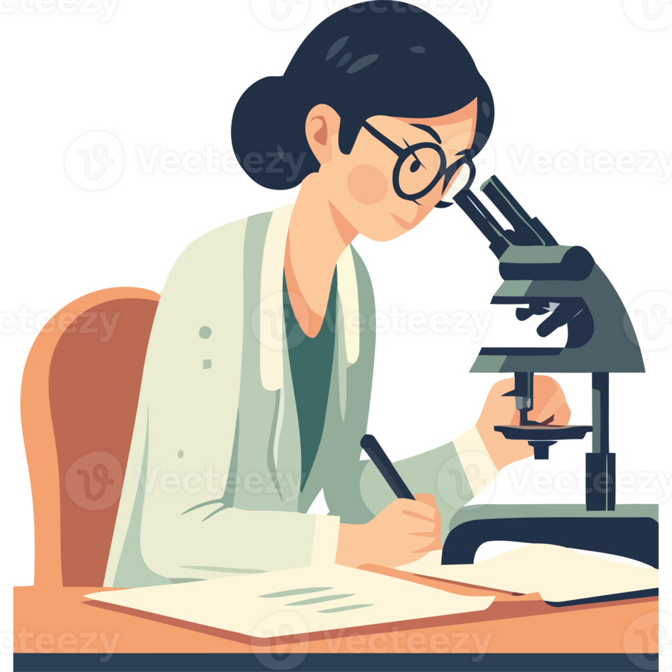 A woman in a lab coat is looking at a microscope png