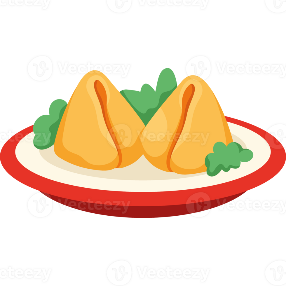 Two fried dumplings on a plate with green leaves png