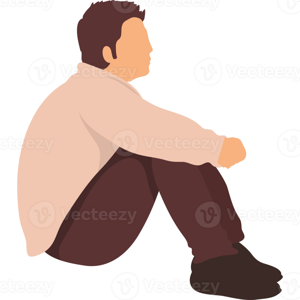 A man sitting on the floor with his hands on his knees png