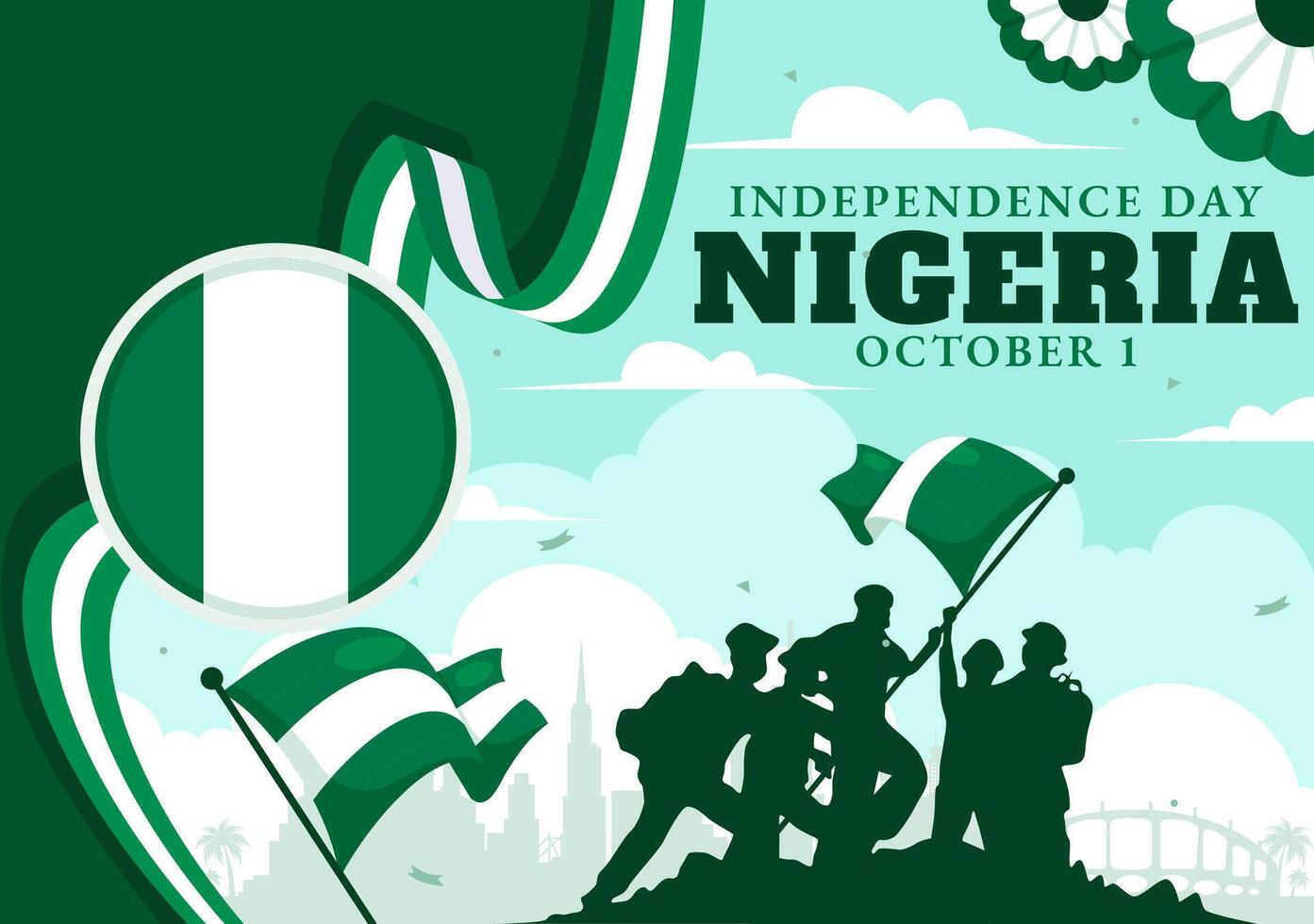 Nigeria Independence Day Celebration on October 1st with Waving Flag and Heroes in Flat Cartoon Design vector