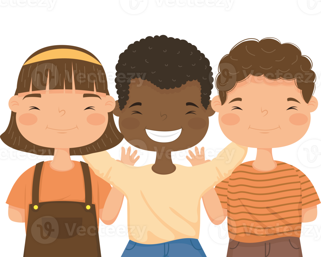 Three children standing together with their arms around each other png