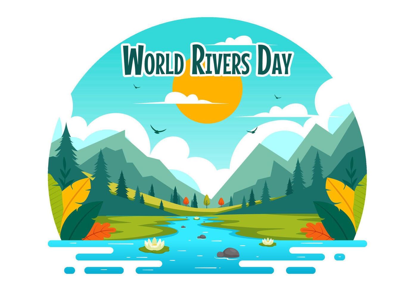 Illustration of a River with Surrounding Green Fields, Mountains, and Trees in a Colorful Flat Cartoon Design vector
