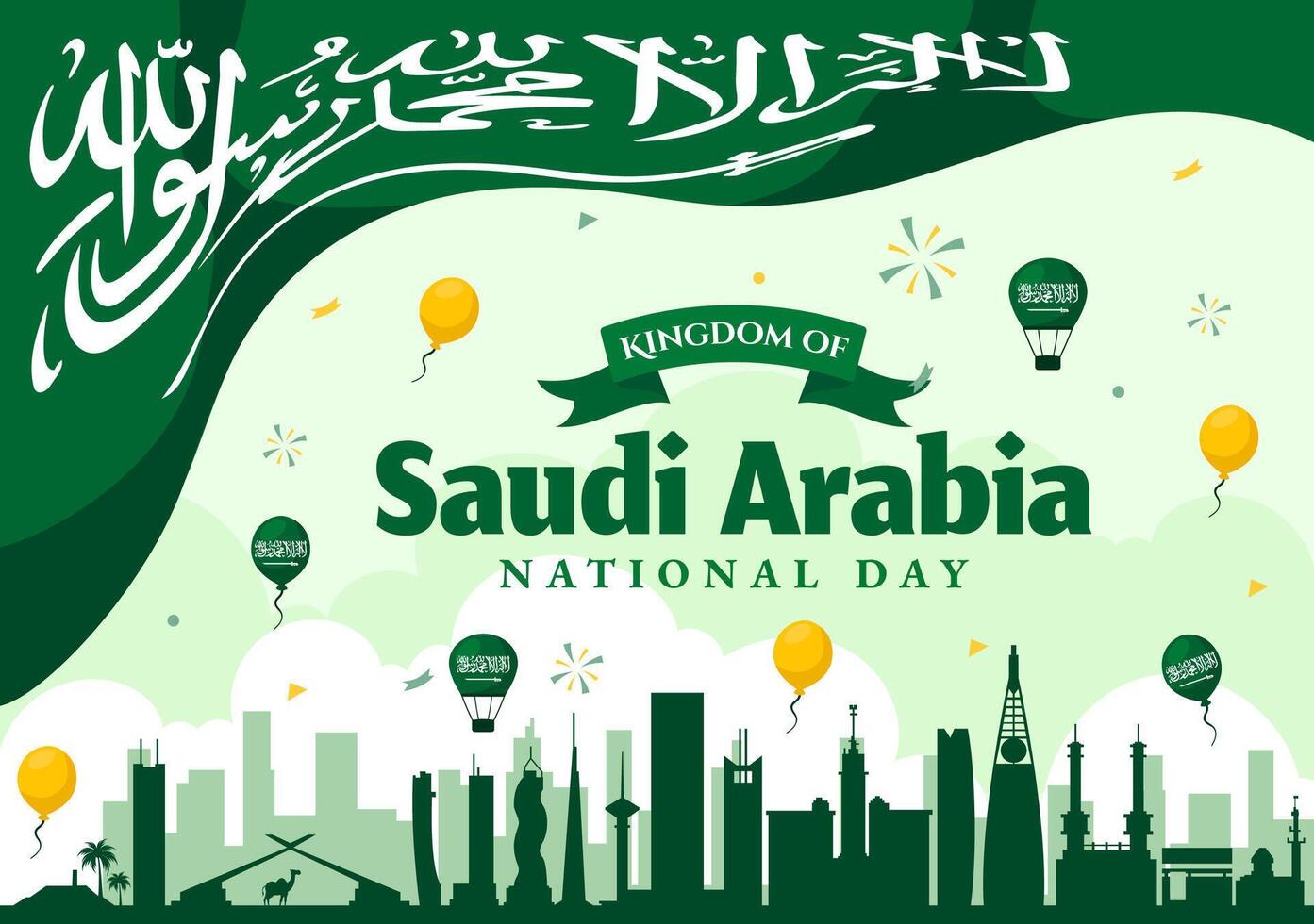 Flat Background Illustration for Saudi Arabia's National Day on 23rd September Featuring Flag and Cityscape vector