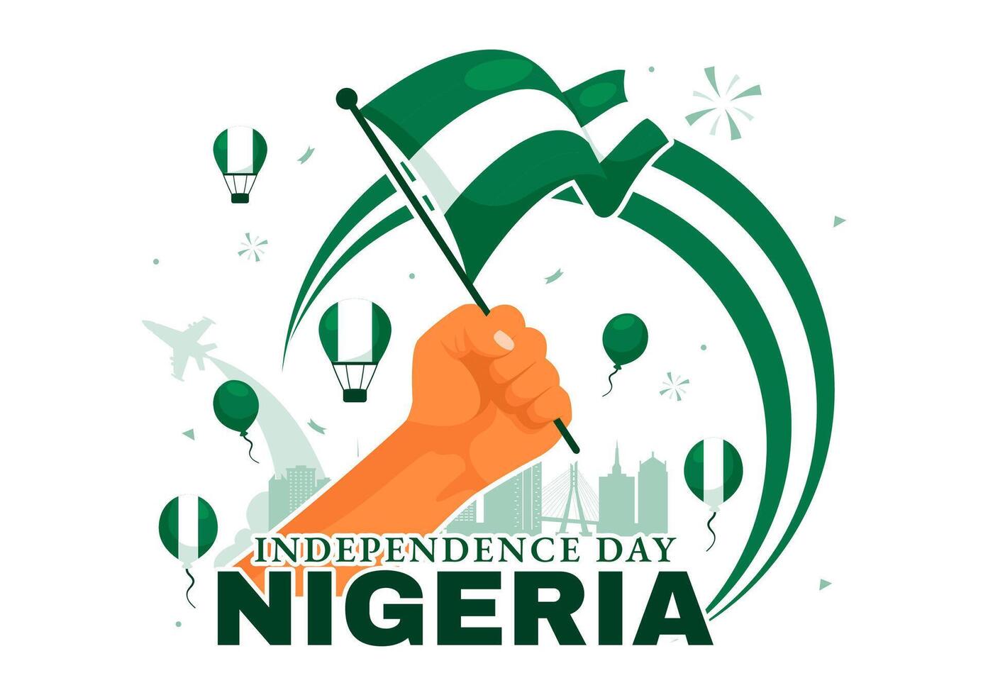 Flat Cartoon Background of Nigeria Independence Day with Waving Flag and Fighters on October 1st vector