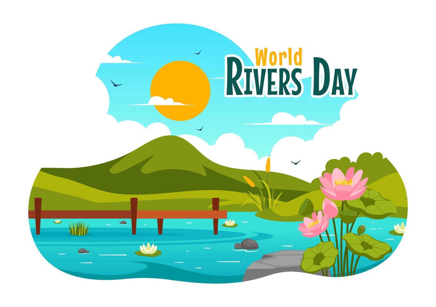 Illustration of a Riverine Landscape with Scenic Mountains, Greenery, and Forests in a Playful Cartoon Style vector