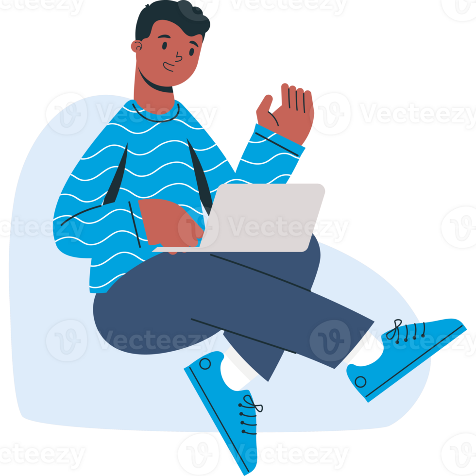 A man sitting on a bean bag with a laptop png