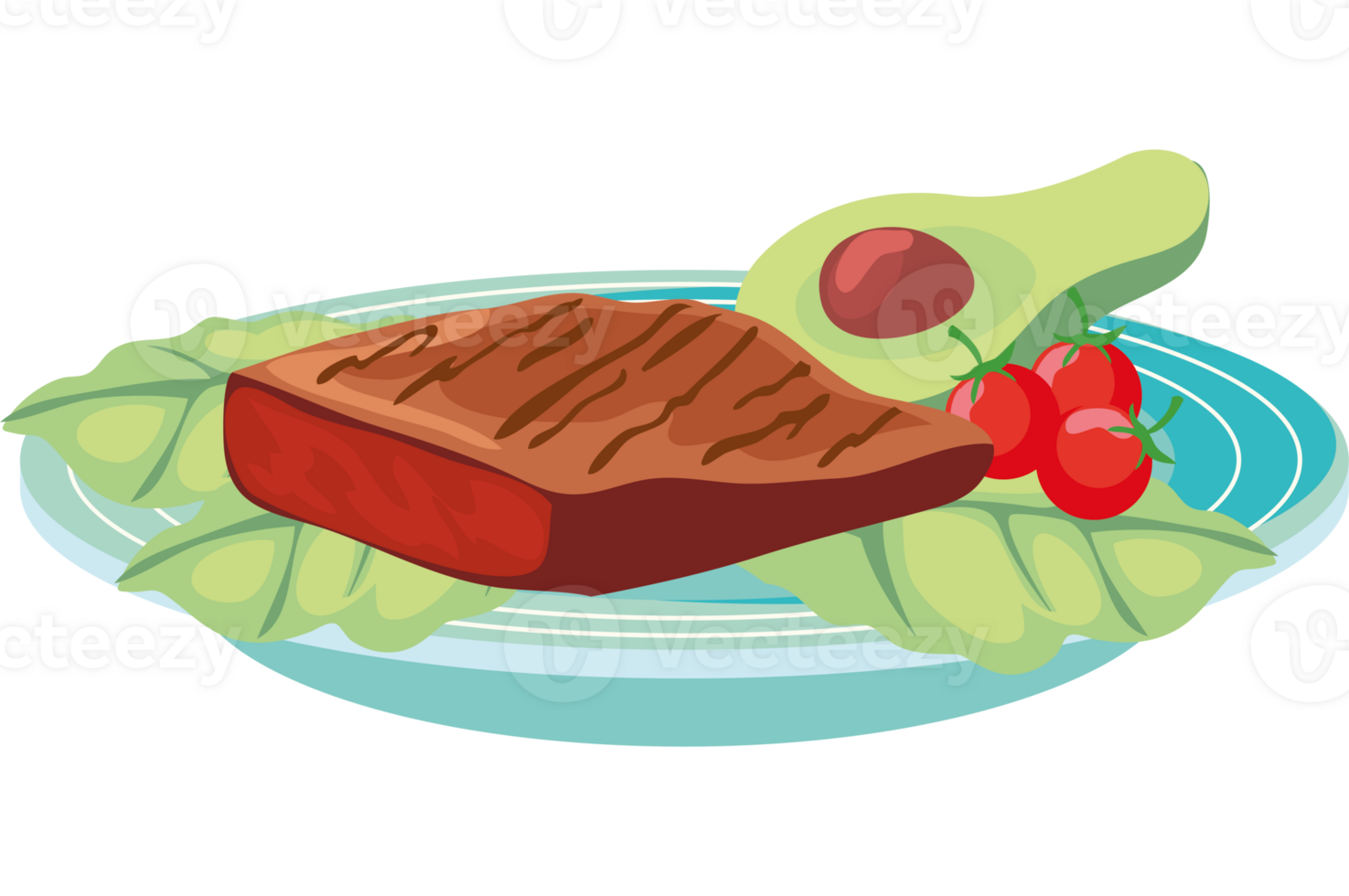 A plate with steak and avocado on it png