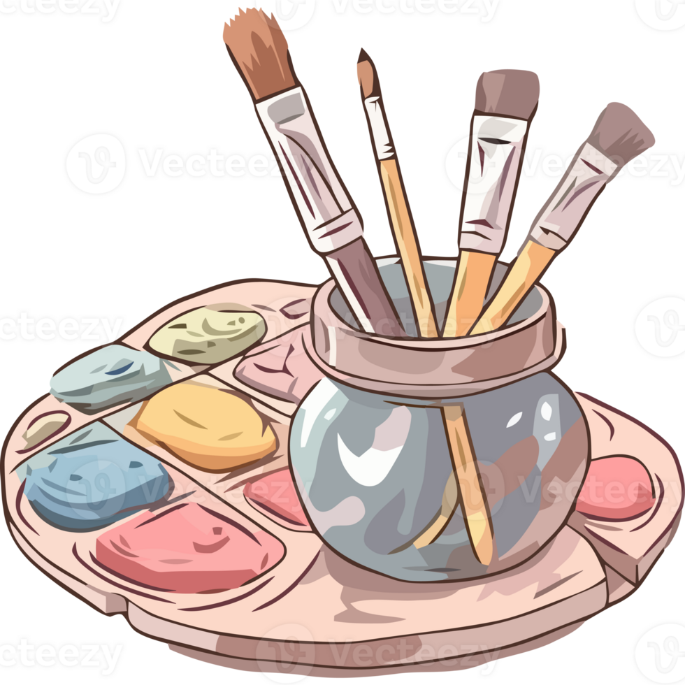 Paint brushes and paint in a jar with a tray png