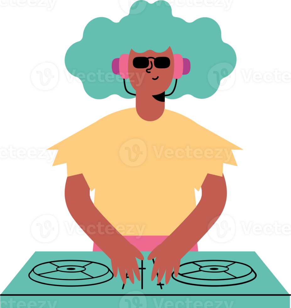An illustration of a woman with headphones and turntables png