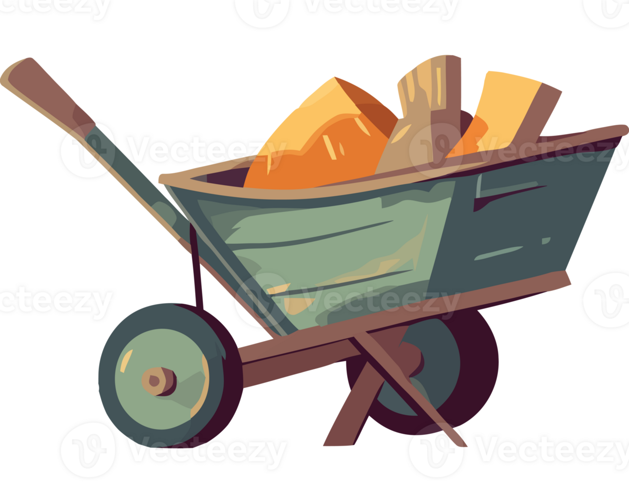 Cartoon wheelbarrow with wood and tools png