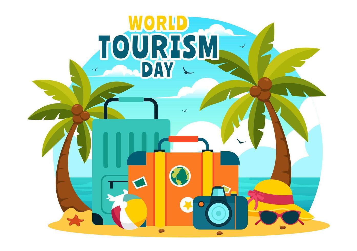 Global Travel Adventures Illustration with a Globe and Beach vector